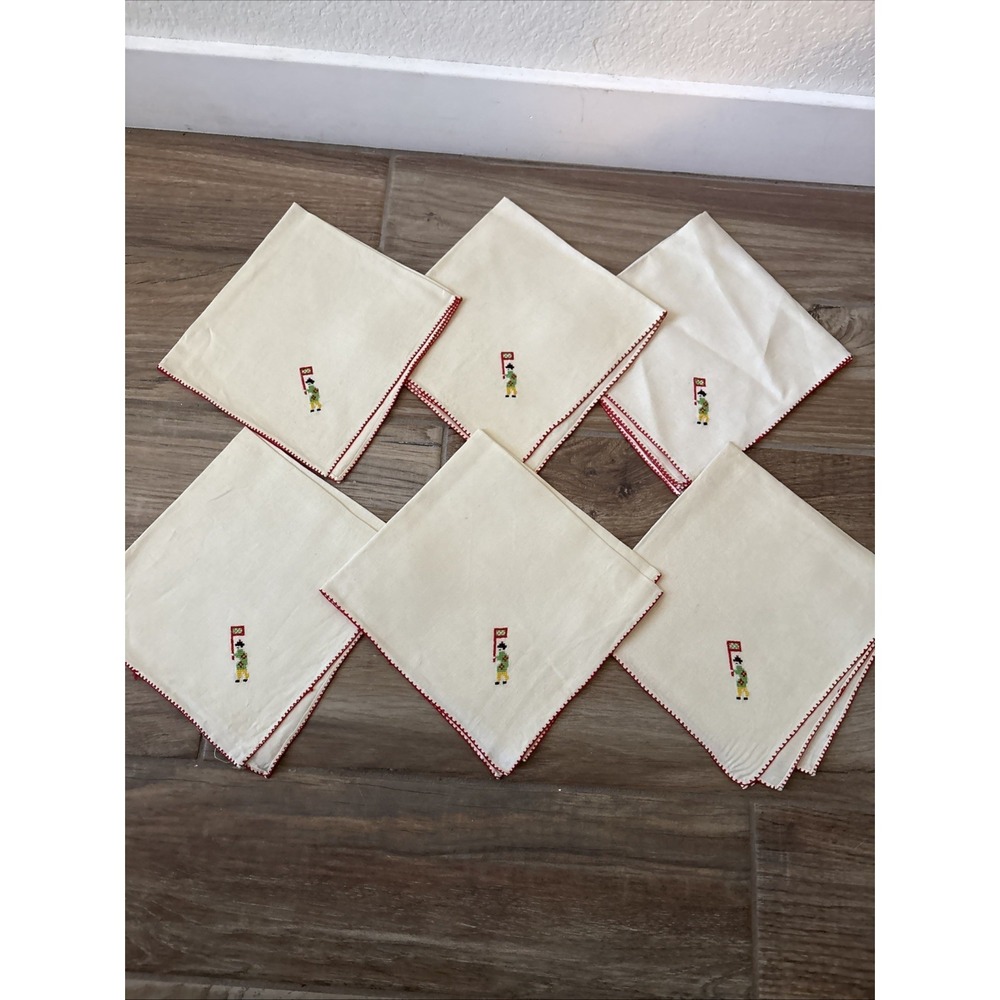 6 Embroidered Napkins With Red Edging & Boy 16" x 16"